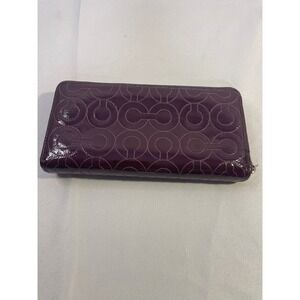 Coach Purple Patent Leather Signature C Monogram Zip Around Accordion Wallet